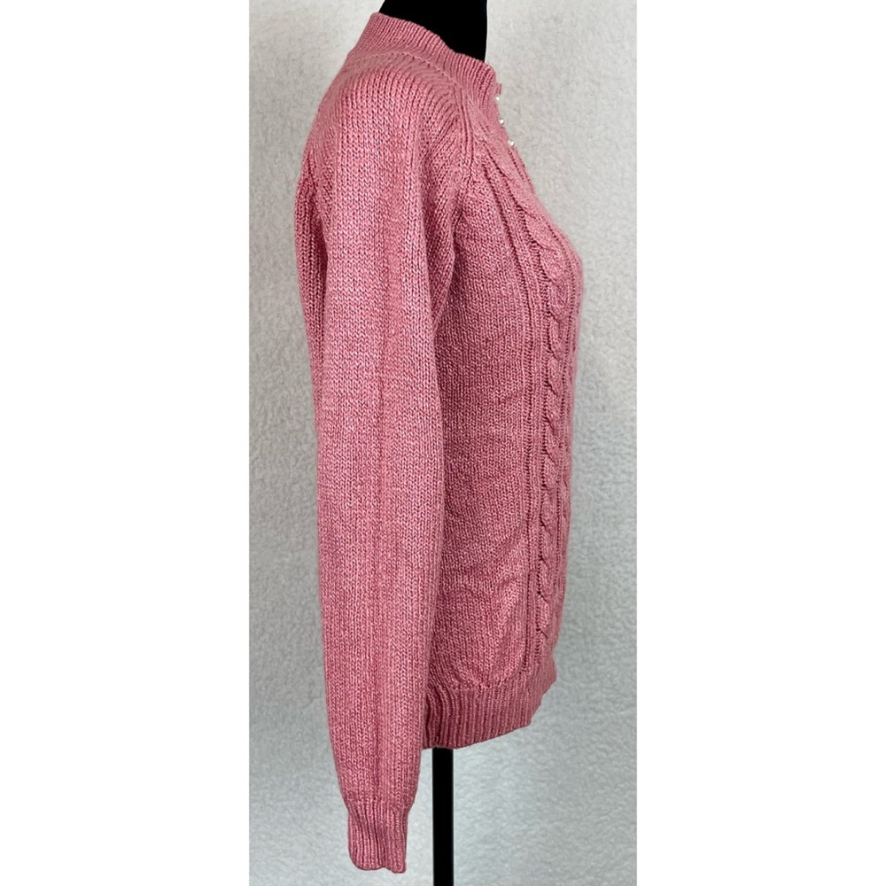 KAREN SCOTT • Dusty Pink Cable Knit Faux Pearl Button Mock-neck Sweater, S - Picture 8 of 16